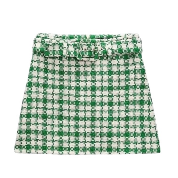 Zara Woman SS22 Ecru/Green Textured A-Line Weave Mini Skirt Size XS Belted X-Mas - Picture 2 of 8